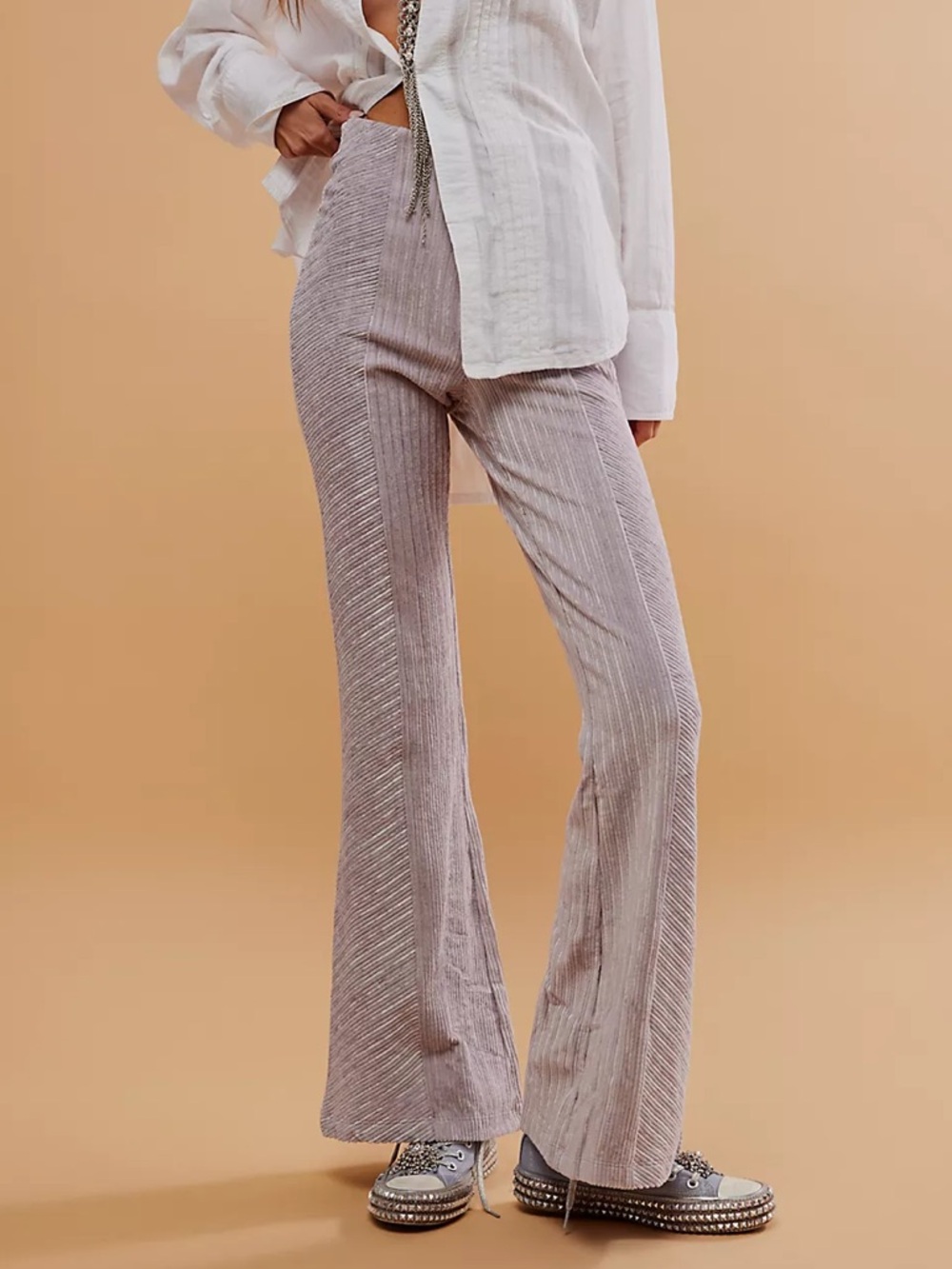 Free People Slim Pull-On Velvet Flare Pants Light Lilac Boho Festival Small